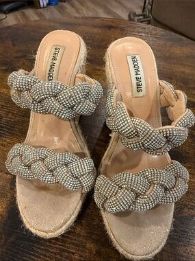 Steve Madden Nude Braided Rhinestone Espadrille Wedges